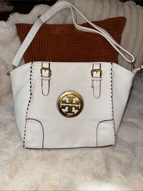 Designer inspired White Leather Tote with Gold Logo Accent
